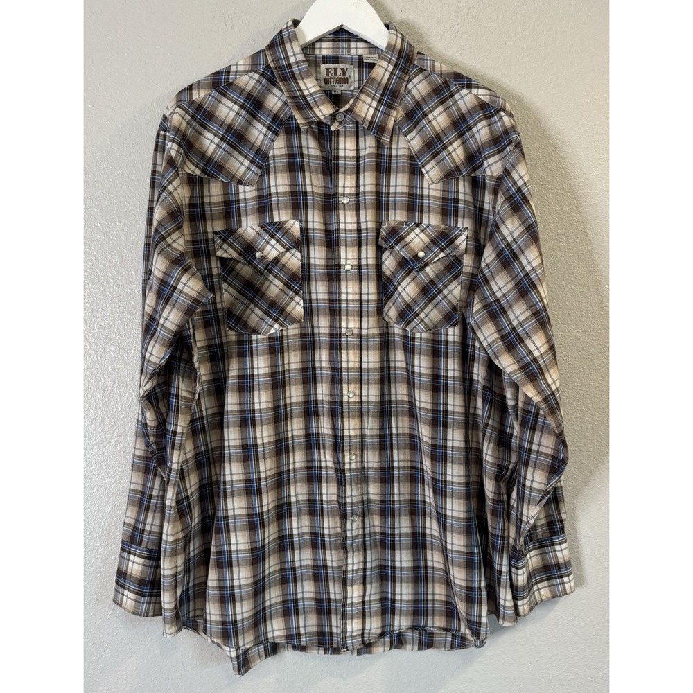 Ely Cattleman Plaid Pearl Snap Western Cowboy Shirt Rodeo Men's XL